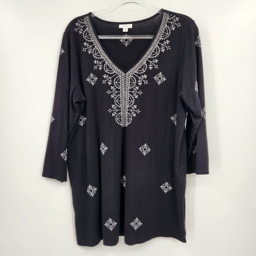 J. Jill 3/4 Sleeve V Neck Tunic Top Womens Size Medium Black Gray Embroidered